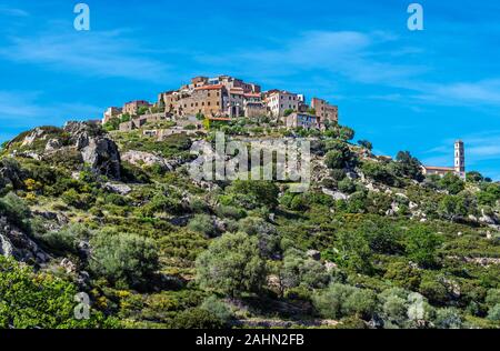 Vue sur Sant Antonino village dans le haut de la colline en Corse, Haute-Corse, France Banque D'Images