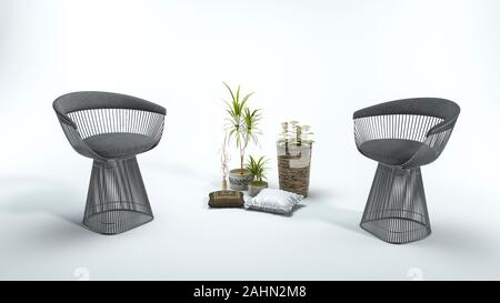 fauteuil en relief avec plante sur fond blanc Banque D'Images