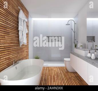 Le rendu 3d'une salle de bains moderne avec du bois joli design Banque D'Images
