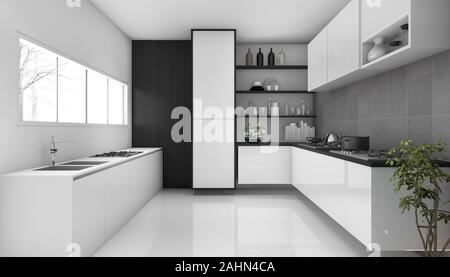 Le rendu 3D de style loft blanc cuisine moderne Banque D'Images
