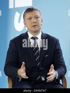 Kiev, Ukraine. 31 Dec, 2019. ANDRIY KOBOLYEV, PDG de Naftogaz de Lukraine, prend la parole lors d'une conférence de presse à Kiev, Ukraine, le 31 décembre 2019. GTSOU, Naftogaz et Gazprom ont signé une série d'accords pour assurer le transit du gaz russe au cours des cinq prochaines années. Crédit : Serg Glovny/ZUMA/Alamy Fil Live News Banque D'Images