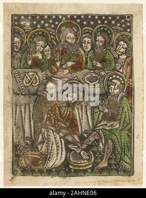 Artiste inconnu. La dernière Cène et le Christ lavant les pieds des Apôtres. 1460-1465. L'Allemagne. Metalcut en noir à la main, au pinceau et à l'aquarelle en jaune, brun-rouge, vert et le lac, sur papier vergé ivoire, avec texte manuscrit à la plume et encre brune au verso Communion pain venaient de différentes formes dans l'Europe de la Renaissance, et cette variété est particulièrement claire à partir de représentations de la Dernière Cène, lorsque le Christ offre symboliquement son corps à ses disciples. Dans cette série metalcut sur la vie du Christ, la forme du pain-le traditionnel Bretzel, ou trahit-bretzel que les impressions étaient fous Banque D'Images