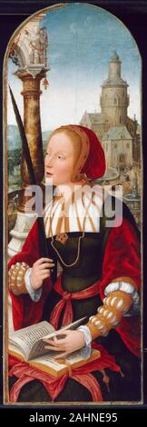 Jean Bellegambe. Sainte Barbara. 1515-1525. La Belgique. Huile sur panneau Jean Bellegambe a travaillé à Douai, dans une partie du nord de la France qui faisait autrefois partie du comté de Flandre. Ces panneaux sont les ailes d'un triptyque, un pliage de panneaux de retable, dont le centre (maintenant dans le Musées Royaux des Beaux-Arts, Bruxelles) montre la Vierge et l'enfant ont intronisé sous un auvent d'architecture. Les deux saints élégantes sont identifiables par leurs attributs pour Catherine, la roue sur laquelle elle a été torturée et l'épée avec laquelle elle a été martyrisés, et pour Barbara, la tour où son père verrouillé Banque D'Images