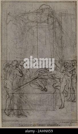 François Hubert Gravelot. Étude pour une illustration chez tacite Tibère, ou les six premiers livres des Annales , Livre VI, tome 3, 1re étude. 1758-1773. La France. Plume et encre noire, avec craie noire et gris graphite, sur papier vergé, incisé en partie pour le transfert et le périmètre monté sur papier vergé ivoire Banque D'Images