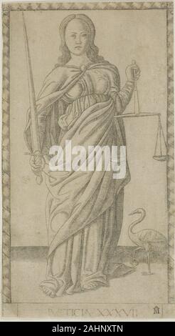 Maître de l'E-Series Tarocchi. La justice, à partir de 37 plaques et Genii vertus. 1460-1470. L'Italie. Gravure en noir sur papier vergé beige ce travail délicat, dessiné et gravé par un artiste inconnu, est à partir d'une série de 50 tirages d'être pensé à tort, un Tarocchi plate-forme des cartes de tarot. Les figures allégoriques illustrent l'étendue de la connaissance humaine et capacité arts et sciences, cardinal et vertus spirituelles, et de pouvoirs cosmiques. Ici, la justice est représenté avec une épée, balances, et une grue tenant une rock-le symbole de la vigilance. Les textes médiévaux que l'état des sentinelles de la grue sont donnés des pierres pour v Banque D'Images