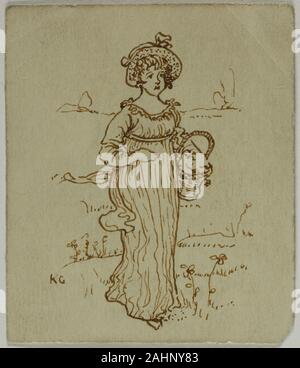 Kate Greenaway. Fille avec panier. 1866-1901. L'Angleterre. Plume et encre brune sur vélin crème Banque D'Images