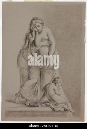 Richard Earlom. Figure féminine allégorique pleurant avec Putto. 1770-1779. L'Angleterre. Gris graphite, avec lavage, mis en évidence en craie blanche, sur sol brun préparé, sur papier vergé ivoire Banque D'Images