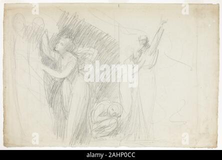 George Romney. Prospero, Miranda, et Caliban, à partir de la tempête. 1786. L'Angleterre. Graphite sur papier vergé ivoire Ce qui semble être une seule composition multi-figuré sur cette feuille sont, en fait, deux études (variante divisée par une ligne verticale à droite du centre) pour la scène de naufrage de la comédie de Shakespeare La Tempête.Sur le côté gauche de la feuille, Miranda, la fille du magicien Prospero, implore son père pour arrêter la tempête qu'il a déclenchées. Quelques lignes verticales et une paire de têtes en positions alternatives suggèrent la figure de Prospero. Pour Miranda a droit immédiat s'accroupit le monstre calib Banque D'Images