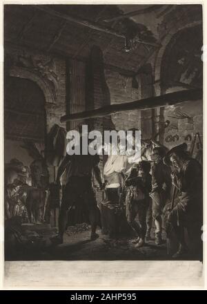 Richard Earlom. Un atelier du forgeron. 1771. L'Angleterre. Gravure en noir sur papier vergé ivoire travailler avec une vitesse étonnante, Richard Earlom produit 200 paysages mezzotinte après Claude Lorrain dans trois ans et fait de cette plaque d'envergure à moins de trois mois après que Joseph Wright of Derby a terminé la peinture originale. Cette impression est un début de preuve avant les lettres, mais le dernier titre publié s'est vanté de ce que "le très honorable lord Melbourne" possédait déjà la peinture. Il avait acheté pour 150 guinées directement de l'atelier de l'artiste, avec Wright's Academy à la lueur. La lueur de l'e Banque D'Images