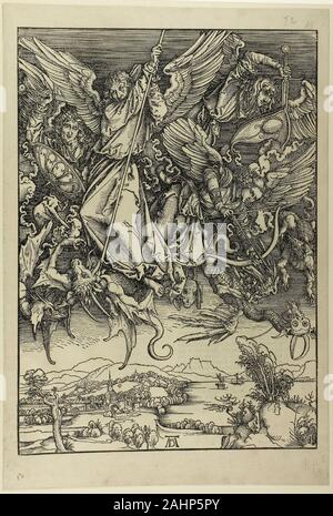 Albrecht Dürer. Saint Michel combattant le dragon, de l'Apocalypse. 1496-1498. L'Allemagne. Gravure en noir sur papier vergé chamois Banque D'Images