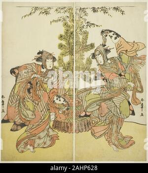 Katsukawa Shunsho. Les acteurs Segawa Kikunojo III comme Yasukata (à droite), et Iwai Hanshiro IV comme Utou (à gauche) dans la pièce de Godai Genji Mitsugi no Furisode, joué au Théâtre Nakamura dans le onzième mois, 1782. 1777-1787. Le Japon. Gravure sur bois en couleur ; hosoban ; diptyque Banque D'Images