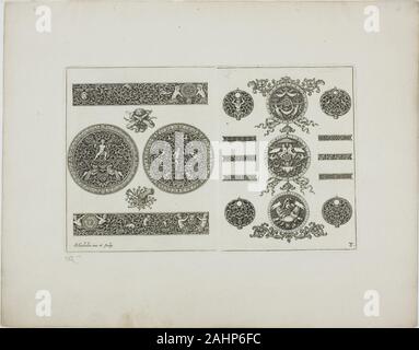 Simon Gribelin, II. 8 plaque, à partir de la réserve de l'ornement. 1704. La France. Gravure sur papier Simon Gribelin II est charmant ensemble de 12 gravures représente un livre de l'ornement qui pourraient être copiées par les artistes et les amateurs de lu. Les images détaillées dans le nouveau livre de l'Ornement utile à tous les artistes alternent entre cadres sinueux avec cartouches et historiques et mythologiques plus schématiques des images dans la forme de médaillons, rubans, et des bijoux. Banque D'Images