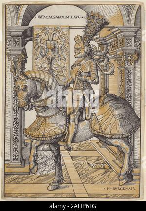 Hans Burgkmair, l'aîné. Portrait équestre de l'empereur Maximilien I. 1508. L'Allemagne. Gravure sur bois à partir de deux blocs en noir et or sur vélin Cette gravure sur bois unique est imprimé en noir et or en poudre d'encre sur vélin. C'est peut-être le plus opulent résultat de l'empereur Maximilien, le concours avec prince électeur Frédéric le Sage de Saxe et de sa cour, de l'artiste Lucas Cranach. Ce concours a produit une forme précoce de l'impression de clair-obscur, une technique utilisant les blocs noirs et de couleur ton ou blocs pour des effets de lumière. En effet, comme la seule impression de l'Equestrian Portrait imprimé en noir et Banque D'Images
