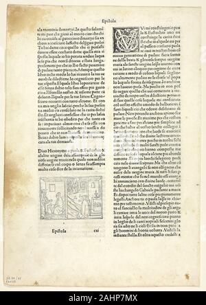 Italien inconnu (illustrateur). CXI Épître à Paula et Eustochio d'Epistolae (Lettres de saint Jérôme), la plaque de 47 gravures sur bois dans les livres de la 15e siècle. 1497. L'Italie. Gravure sur bois en noir, et la typographie en noir (recto et verso), sur papier vergé crème, sur vélin crème mat Banque D'Images