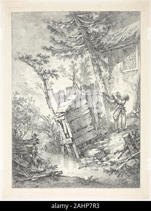 François Boucher. La blanchisseuse. 1756. La France. L'eau-forte, avec des traces de gravure, en noir sur papier vergé ivoire un entrepreneur astucieux, François Boucher a travaillé sur différents supports et a aidé à définir le style rococo ornementales minutieusement. Il a produit des peintures, des dessins, des illustrations de livres, dessins et modèles pour les porcelaines et les textiles qui ont été recueillies par une clientèle diversifiée, de la classe moyenne au Roi Louis XV. Plus de 1 500 copies ont été faites par d'autres artistes après les compositions de Boucher, grandement stimuler sa popularité. La blanchisseuse, cependant, dans une rare impression avant de lettrage, est l'un des tirages 32 LED Banque D'Images