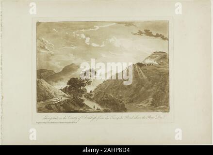 Paul Sandby. Llangollin dans le comté de Denbigh, du Turnpike Road au-dessus de la rivière Dee. 1776. L'Angleterre. Eau-forte et aquatinte en sanguine sur papier vergé ivoire Banque D'Images