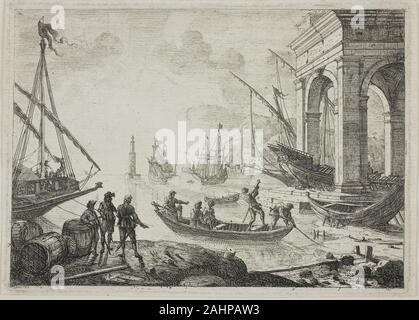 Claude Lorrain. Scène de port avec un phare. 1638-1641. La France. Gravure sur papier vergé ivoire Claude arrive à Rome autour de 1613 et l'apprenti lui-même d'Agostino Tassi, peintre de paysages. À l'exception d'un bref retour à sa ville natale de Nancy en 1627, il est resté à Rome pour le reste de sa vie. Banque D'Images