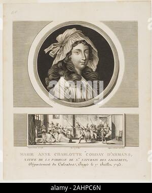 Jean Duplessis-Bertaux. Marie Anne Charlotte Corday d'Armans, à partir de tableaux historiques de la Révolution française, volume III. 1793. La France. La gravure et la gravure sur ivoire crépi papier prévue avec la Chine Chine collé sur papier vélin ivoire Duplessi-Bertaux a été un élève de Joseph Marie Vien, un artiste qui a fait un certain nombre de gravures sur la Révolution française et les déplacements du en raison de Choiseul. Levachez et son fils ont été graveurs, ainsi que les marchands, qui connaissait le goût de leur public. Duplessi-Bertaux et bien meublé Vernet de leurs sujets. Banque D'Images