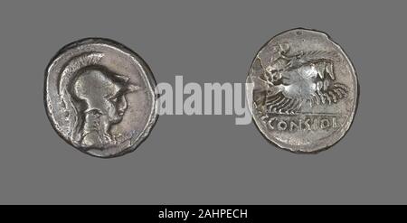 Ancienne cité romaine. Denier (pièce de monnaie) représentant la déesse Minerve. 46 AV. L'Empire romain. Silver Banque D'Images