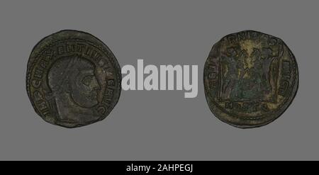Ancienne cité romaine. Follis (Coin) représentant l'empereur Maxence. AD 309-312 AD. L'Empire romain. Le Bronze Banque D'Images