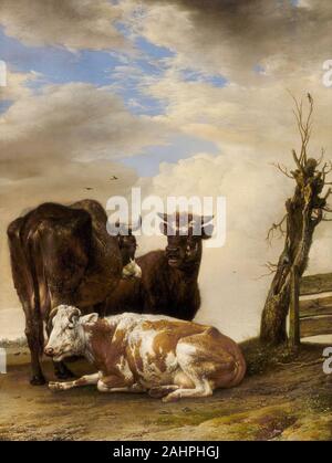 Paulus Potter. Deux vaches et un jeune taureau à côté d'une clôture dans un pré. 1647. Aux Pays-Bas. Huile sur panneau Banque D'Images