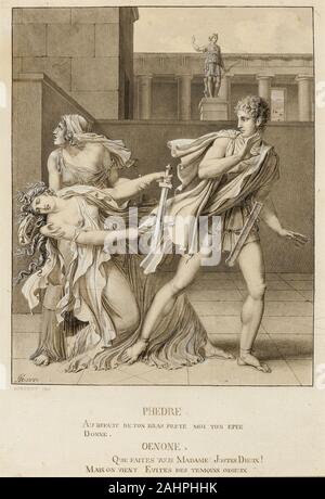 Anne-Louis Girodet de Roussy-Trioson. Phaedre, ayant déclaré sa Passion, tente de se tuer avec l'Épée d'Hippolyte. 1796-1806. La France. Plume et pinceau et noir et marron lavez et graphite, rehaussée de gouache blanche sur papier vergé crème ce dessin d'une scène de la tragédie Phaedra a été pour une édition deluxe de la joue du dramaturge français Jean Racine (1639-1699) illustré par l'élève de Jacques-Louis David Girodet. Le moment représenté est Phaedra's tentative de suicide après son beau-fils, Hippolyte, rejette ses avances amoureuses. À propos de ses dessins pour les pièces de Racine, Giro Banque D'Images