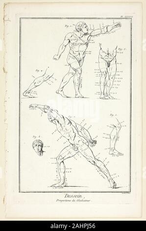 Benoît-Louis Prévost. Proportions de la conception de gladiateur, Encyclopédie. 1762-1777. La France. L'eau-forte, avec la gravure, sur papier vergé crème Banque D'Images