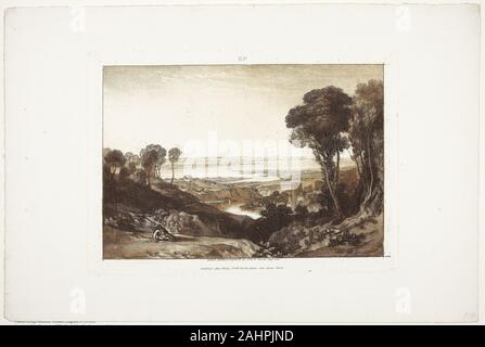 Joseph Mallord William Turner. Jonction de la Severn et de la Wye, Liber Studiorum, no. 28. 1811. L'Angleterre. L'eau-forte, gravure à l'aquatinte et en brun sur papier vélin ivoire J. M. W. Turner's paintings incarné le sublime, un sentiment d'une beauté exceptionnelle au-delà de la simple beauté. Son eau-forte évocatrice et gravure à la série d'impression, le Liber Studiorum (1807-19), était tout aussi influente. Les lignes imprimées en sépia apparaissent et zones tonales évoquant l'ancien maître à dessiner et la modélisation, Turner's série de 71 estampes est une ode au paysage. Les lettres au-dessus de chaque œuvre désigner le type de sujet, y compris Banque D'Images