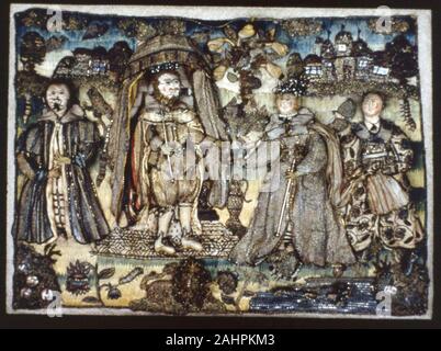 Image représentant la reine de Saba au roi Salomon. 1601-1650. L'Angleterre. La soie, warp-float face 71 toiles appliquées ; d'armure satin de soie, warp-float face 71 satin et tisse ordinaire ; peindre ; brodée de soie, de twill de soie 2 2 rubans entrelacés, oblique- doré et argenté-metal-strip-enveloppé de soie, et doré et argenté--bandes métalliques, bobines, fils et paillettes en satin, satin, simple tige relevée et une variété de points de boutonnière ; mis à travailler et formuler ; plumes ; perles de verre et perles de semences Banque D'Images