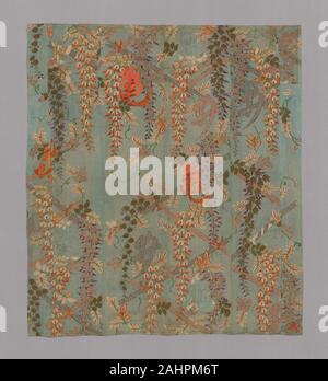 Kosode fait dans un Tobari ou Fukusa composé de six panneaux. 1701-1725. Le Japon. La soie, tissage ordinaire avec crêpés tressages ; dessin à l'encre et au pochoir ; résister ; teint brodé de soie et or-sur-papier-peint-strip-enveloppé dans du coton, satin satin de surface, de la tige et tout droit de suture ; mis à travailler et formuler Banque D'Images