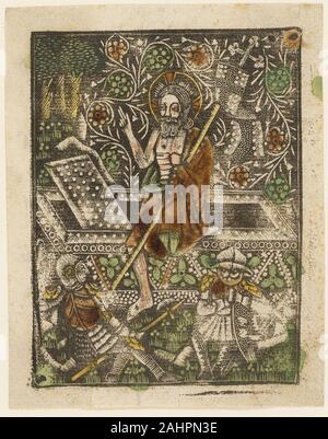 Artiste inconnu. La Résurrection. 1460-1465. L'Allemagne. Metalcut colorée à la main en noir avec le pinceau et aquarelle en jaune, brun-rouge, vert et le lac, sur papier vergé ivoire, avec texte manuscrit à la plume et encre brune au verso Communion pain venaient de différentes formes dans l'Europe de la Renaissance, et cette variété est particulièrement claire à partir de représentations de la Dernière Cène, lorsque le Christ offre symboliquement son corps à ses disciples. Dans cette série metalcut sur la vie du Christ, la forme du pain-le traditionnel Bretzel, ou trahit-bretzel que les impressions ont été faites en Bavière. Bien que le texte manuscrit sur Banque D'Images