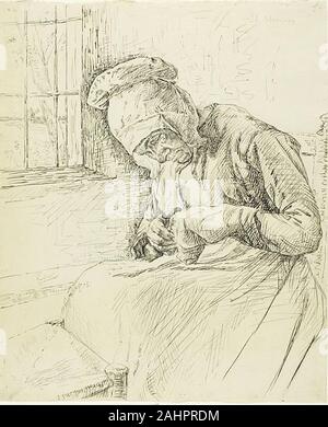 Max Liebermann. Vieille Femme à la fenêtre de réparation. 1881. L'Allemagne. Plume et encre noire sur graphite et crayon bleu sur papier vergé crème Banque D'Images