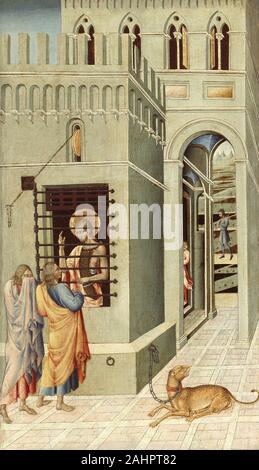 Giovanni di Paolo. Saint Jean le Baptiste en prison la visite de deux disciples. 1455-1460. L'Italie. Tempera sur panneau, Giovanni di Paolo a travaillé au sein du parti conservateur de la tradition artistique de Sienne, la création de motifs riches et une ambiance de dévotion dans ses tableaux. Parmi ses plus belles œuvres narratives sont ces six panneaux, partie d'une série de douze illustrant la vie de Saint Jean Baptiste, le kinsman et prophète du Christ. D'autres panneaux de la série sont dispersés dans des collections européennes et américaines ; ils peuvent avoir formé les portes d'un sanctuaire abritant une relique du saint. Dans l Banque D'Images