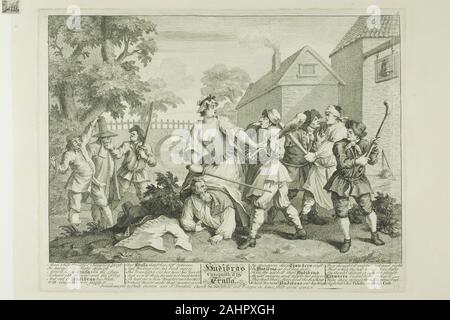 William Hogarth. Hudibras vaincu par Trulla, cinq à partir de la plaque d'Hudibras. 1725-1726. L'Angleterre. La gravure en noir sur papier crème edge monté sur vélin crème William Hogarth a illustré l'histoire d'un triste-sac de l'aventurier nommé Hudibras dans douze gravures. Sa source était Samuel Butler's satiriques, mock-poésie héroïque écrit dans la veine de Cervantes et Rabelais. Ridiculisant les tentatives du parti puritain pour renverser la monarchie britannique au cours de la Grande Guerre Civile de 1640, Butler's Poem expose l'hypocrisie et prétentions des presbytériens, des Indépendants, et qui espéraient zélotes t Banque D'Images