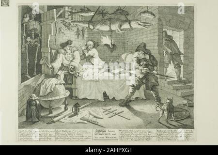 William Hogarth. Hudibras et Sidrophel la plaque, 8 d'Hudibras. 1725-1726. L'Angleterre. La gravure en noir sur papier crème edge, montée sur vélin crème, une émission satirique Hudibras poème narratif proche de Miguel de Cervantes, Don Quichotte, a été écrit par le poète anglais et auteur Samuel Butler pendant la deuxième moitié du 17ème siècle. Le texte se moque du mouvement puritain et l'atmosphère politique entourant la guerre civile anglaise (1641-51). L'intention de ridiculiser les extravagances des Puritains, l'histoire suit les gaffes, Ne'er-n-chevalier Hudibras bien et son écuyer sur leur Banque D'Images