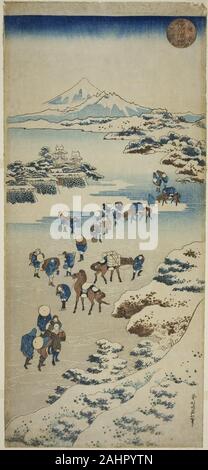 Katsushika Hokusai. Traverser le lac Suwa congelé dans la province de Shinano (Shinshu Suwa kosui watari kori). 1828-1838. Le Japon. Gravure sur bois en couleur ; vertical nagaban Banque D'Images