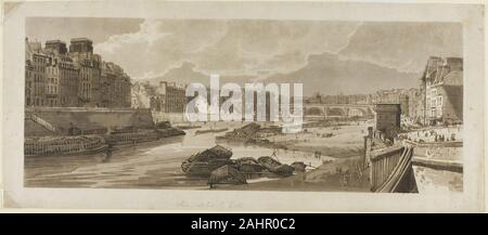 Thomas Girtin. Vue de la ville avec le Louvre, etc., extraite du Pont Marie, à partir d'une sélection de vingt des vues les plus pittoresques de Paris. 1802. United Kingdom. Sol mou, gravure à l'aquatinte avec, imprimé en noir et gris de l'encre sur vélin crème Banque D'Images