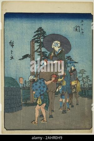 Utagawa Hiroshige. Seki, de la série Cinquante-trois Stations du Tokaido] [(Gojusan tsugi), également connu sous le nom de la Figure (Jinbutsu Tokaido Tokaido). 1852. Le Japon. Estampe chuban couleur ; Banque D'Images