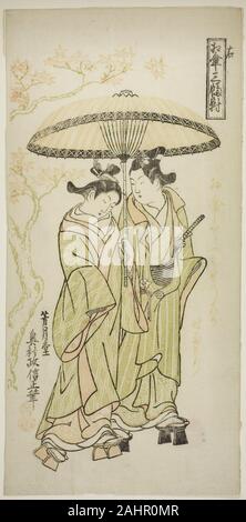 Okumura Masanobu. L'automne douche, de partager un parapluie d'un jeu de trois (Aigasa sanpukutsui). 1743-1753. Le Japon. Gravure sur bois couleur feuille de gauche ; hosoban triptyque, benizuri-e Banque D'Images