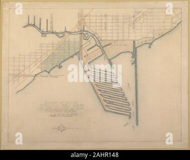 L'architecte Daniel Burnham (Hudson). 72 Plaque du Plan de Chicago, Chicago 1909. Schéma de Docks croquis a suggéré à l'embouchure de la rivière Calumet pour des marchandises en vrac à vapeur ; l'accès à l'Être avait sans ouverture de ponts.. 1909. Chicago. Graphite et crayon de couleur sur papier Banque D'Images