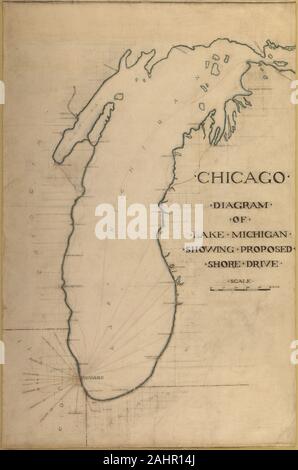 L'architecte Daniel Burnham (Hudson). Plaque 35 à partir du Plan de Chicago 1909 Chicago, et schéma du lac Michigan. Route proposée pour connecter tous les villages le long des rives du lac.. 1909. Chicago. Graphite et crayon de couleur sur papier Banque D'Images