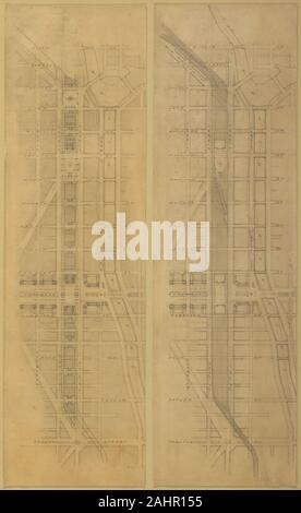 L'architecte Daniel Burnham (Hudson). 79 la plaque (2 Dessins) du Plan de Chicago, 1909 endroit suggéré et de l'arrangement des stations ferroviaires de voyageurs à l'ouest de la rivière. Régime des frais généraux 1. Planifier au niveau de la rue. 2. Au-dessus du niveau de la rue du plan. 1909. Chicago. Encre sur papier calque Banque D'Images