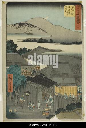 Utagawa Hiroshige. Fuchu, Abekawa Miroku nichome (Fuchu, Abekawa Miroku nichome), no. 20 de la série de sites célèbres de la cinquante-trois Stations (Gojusan tsugi meisho zue), également connu sous le nom de Tokaido verticale. 1855. Le Japon. Estampe oban couleur ; Banque D'Images