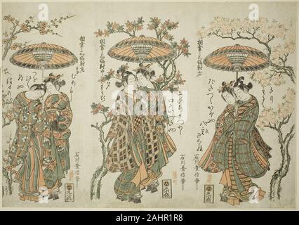 Ishikawa Toyonobu (éditeur). Partager un parapluie - un ensemble de trois (Aigasa sanpukutsui). 1750-1760. Le Japon. Gravure sur bois en couleur ; uncut hosoban triptyque, benizuri-e Banque D'Images