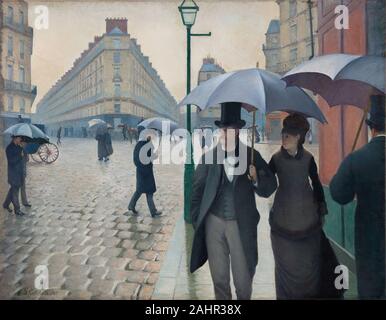 Gustave Caillebotte. Rue de Paris, jour de pluie. 1877. Paris. Huile sur toile Cette intersection complexe, à quelques minutes de la gare Saint-Lazare, représente dans le milieu urbain en évolution en microcosme de la fin du xixe siècle, Paris. Gustave Caillebotte a grandi près de ce quartier lorsqu'il s'agissait d'une colline non réglées relativement étroit, avec des rues de travers. Dans le cadre d'un nouveau plan de la ville conçu par le Baron Georges-Eugène Haussmann, ces rues ont été relaid et leurs bâtiments rasés au cours de la vie de l'artiste. Dans cette œuvre monumentale vue urbaine, qui mesure près de 7 par 10 pieds et est considérée comme l'e Banque D'Images