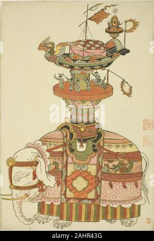 Komatsuya Hyakki. Avec l'éléphant mécanique Barge Festival Coréen et musiciens. 1760-1770. Le Japon. Estampe chuban couleur ; Banque D'Images