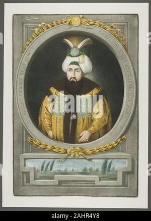 John Young. Othman Kahn III, à partir de portraits des empereurs de la Turquie. 1815. L'Angleterre. Mezzotinte, colorées à la main avec un pinceau et aquarelle, sur papier vélin ivoire la vingt-cinquième sultan ottoman, Othman III (Osman) régna de 1754 à 1757 sans grand incident. Son style distinctif de jewel-robe brodée semble avoir été adopté par son prédécesseur, Mahmud I, et réapparaît dans les traitements de John Young du reste des sultans. Banque D'Images