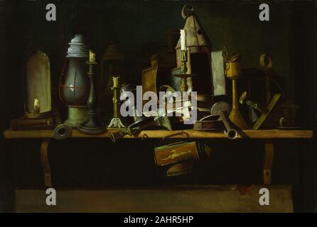 John Frederick Peto. Lumières d'autres jours. 1906. United States. Huile sur toile de feux d'autres jours, comme beaucoup de John F. Peto, natures mortes, est pleine de nostalgie. Éparpillés le long d'une plate-forme peu profonde au-dessus d'une porte est un tableau de vieux objets bien usé, chandeliers avec des bougies de cire presque épuisé, les lampes à huile, rouille et déchiré des livres. Jeter ces objets banals font allusion à des modes de vie plus anciens et l'effacement des souvenirs. Peto spécialisée dans le trompe-l'oeil (l'oeil d'imbéciles) photos ; pourtant, son style très doux est suggestif de la main de l'artiste plutôt que de l'illusionnisme accrue à l'emploi d'autres trb Banque D'Images