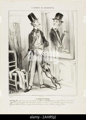 Honoré-Victorin Daumier. 10 heures du matin. "Monsieur Coquelet ayant rencontré par hasard Mlle Palissandre au Jardin botanique, à qui il a la chance d'offrir une fée rose la première de mai 1804, avait obtenu une première date. Après être allé à grands frais l'achat d'une nouvelle paire de gants à 29 Sous, il jette un coup d'œil dans le miroir avant d'aller tenter sa chance", planche 4 de la journé du célibataire. 1839. La France. Lithographie en noir sur papier vélin blanc Banque D'Images