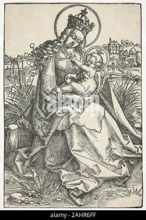 Hans Baldung Grien. La Madone et l'enfant sur un banc. 1505-1507. L'Allemagne. Gravure en noir sur papier vergé crème imprime après la collecte des statues de culte et peintures miraculeuse faisait partie de l'Europe et le pèlerinage japonais traditions. Ces gravures sur bois (2009.43 et 2013.159, 2013.172,) pourraient être combinées pour créer leur propre objet-culte. Saints Catherine et Barbara frontale de flanc vierge à l'enfant, suggérant les œuvres étaient destinées à être montés ensemble comme un retable domestique de pliage. La typo sous chaque image encourage la méditation et l'engagement. Alors que le texte de Catherine Banque D'Images